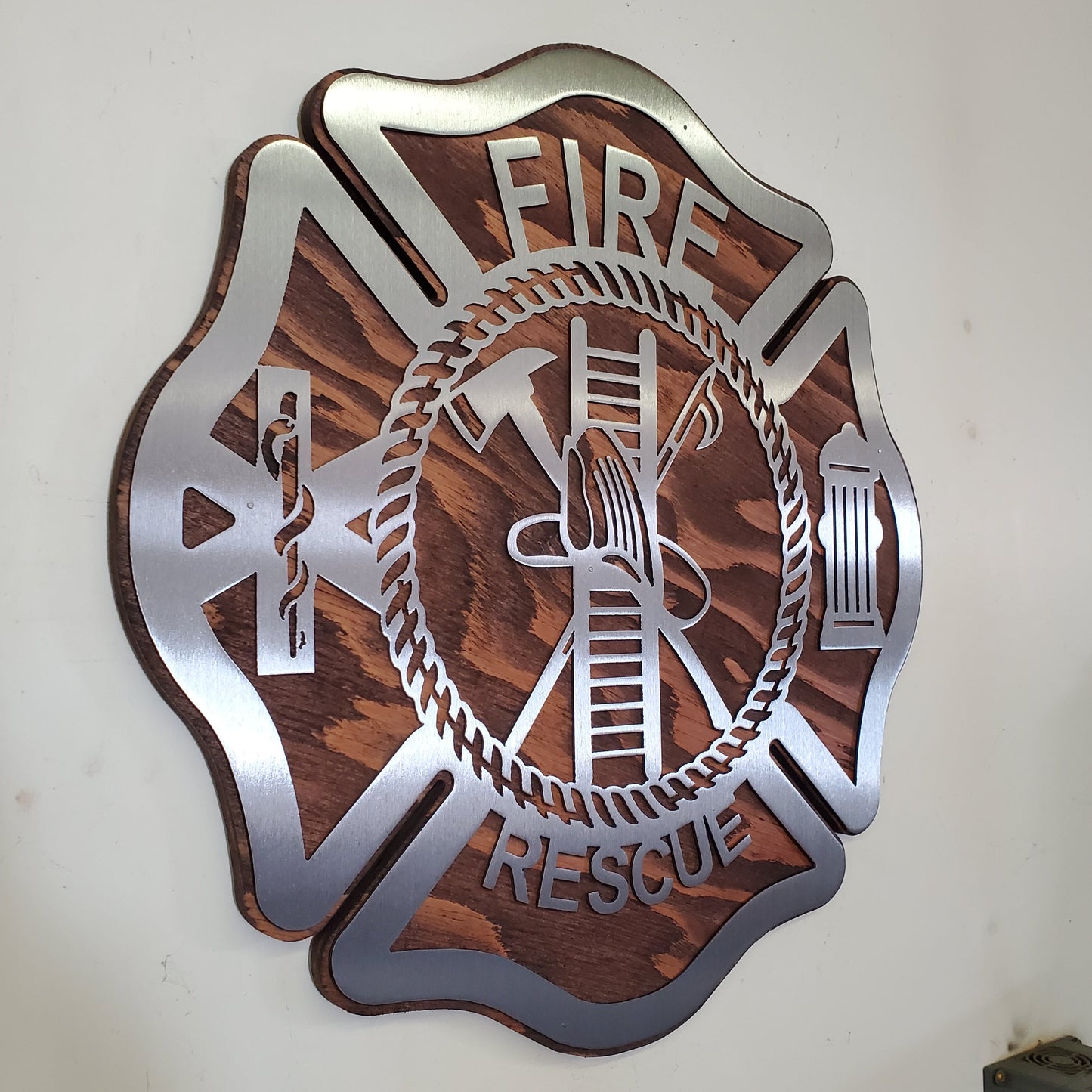Maltese Cross Fireman Tribute | Metal Art on Wood