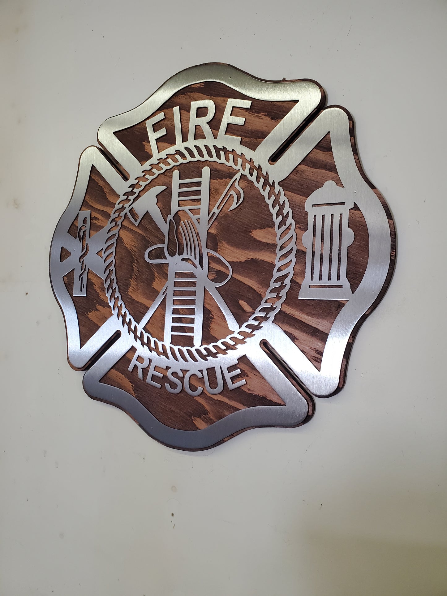 Maltese Cross Fireman Tribute | Metal Art on Wood