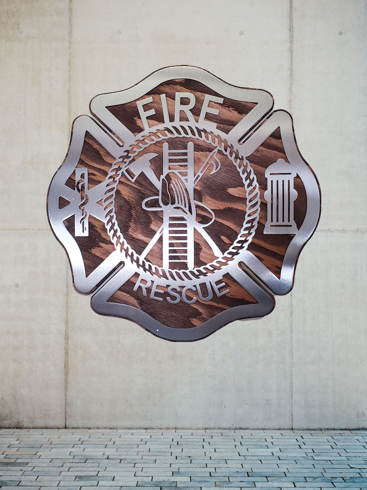 Maltese Cross Fireman Tribute | Metal Art on Wood