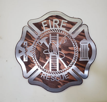 Maltese Cross Fireman Tribute | Metal Art on Wood