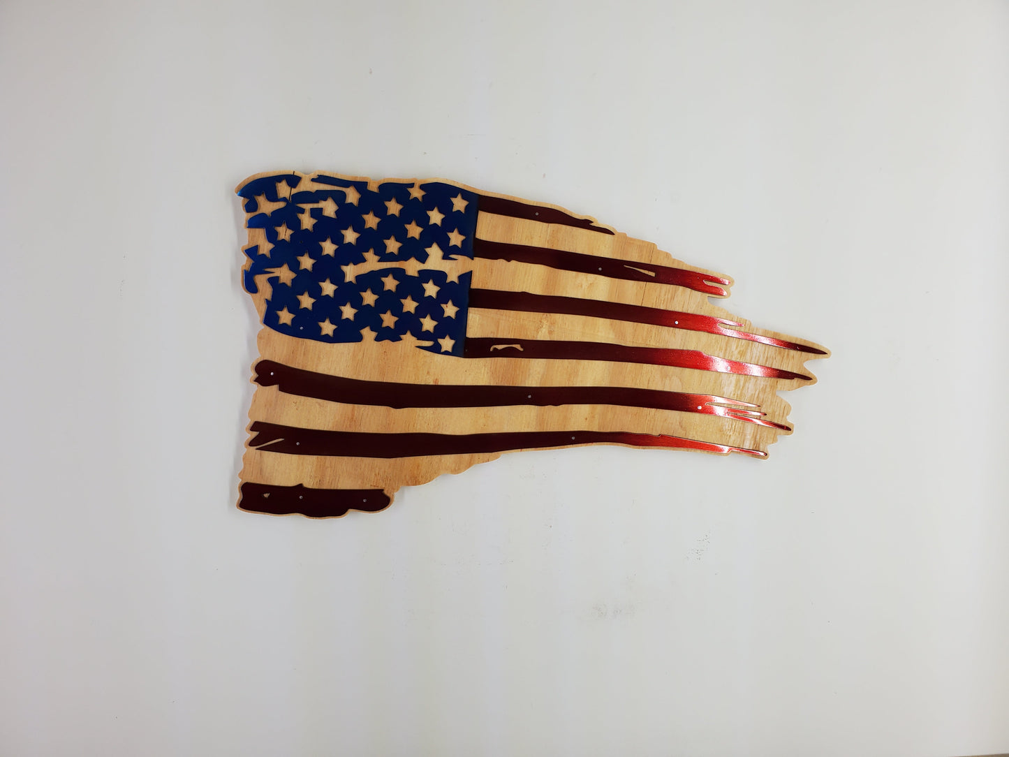 Tattered American Flag Metal Art on Wood