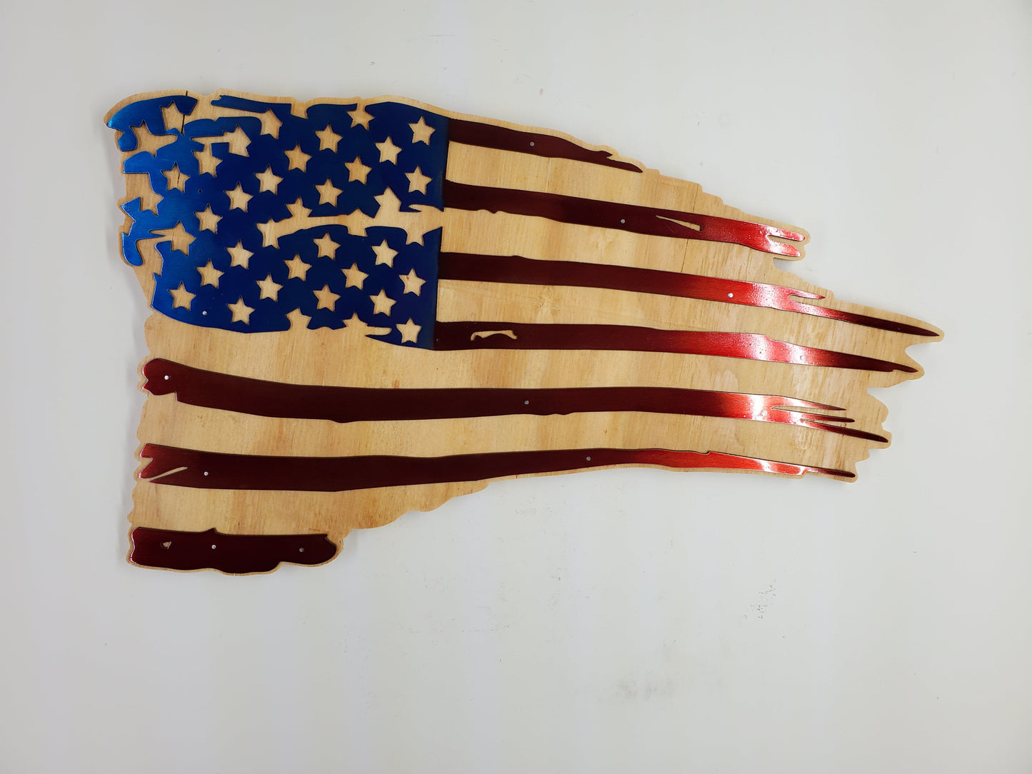 Tattered American Flag Metal Art on Wood