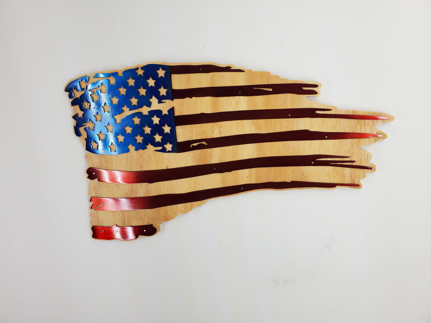 Tattered American Flag Metal Art on Wood