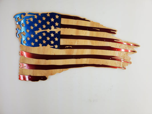 Tattered American Flag Metal Art on Wood