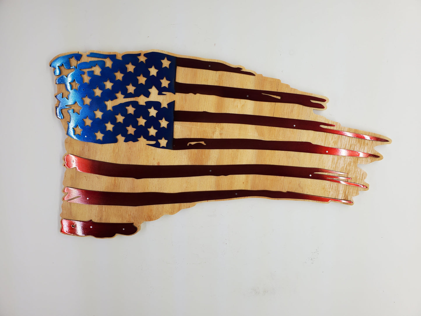 Tattered American Flag Metal Art on Wood