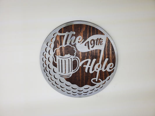 19th Hole Metal Art Wall Sign | Golf Gift | Golfing Decor on Wood
