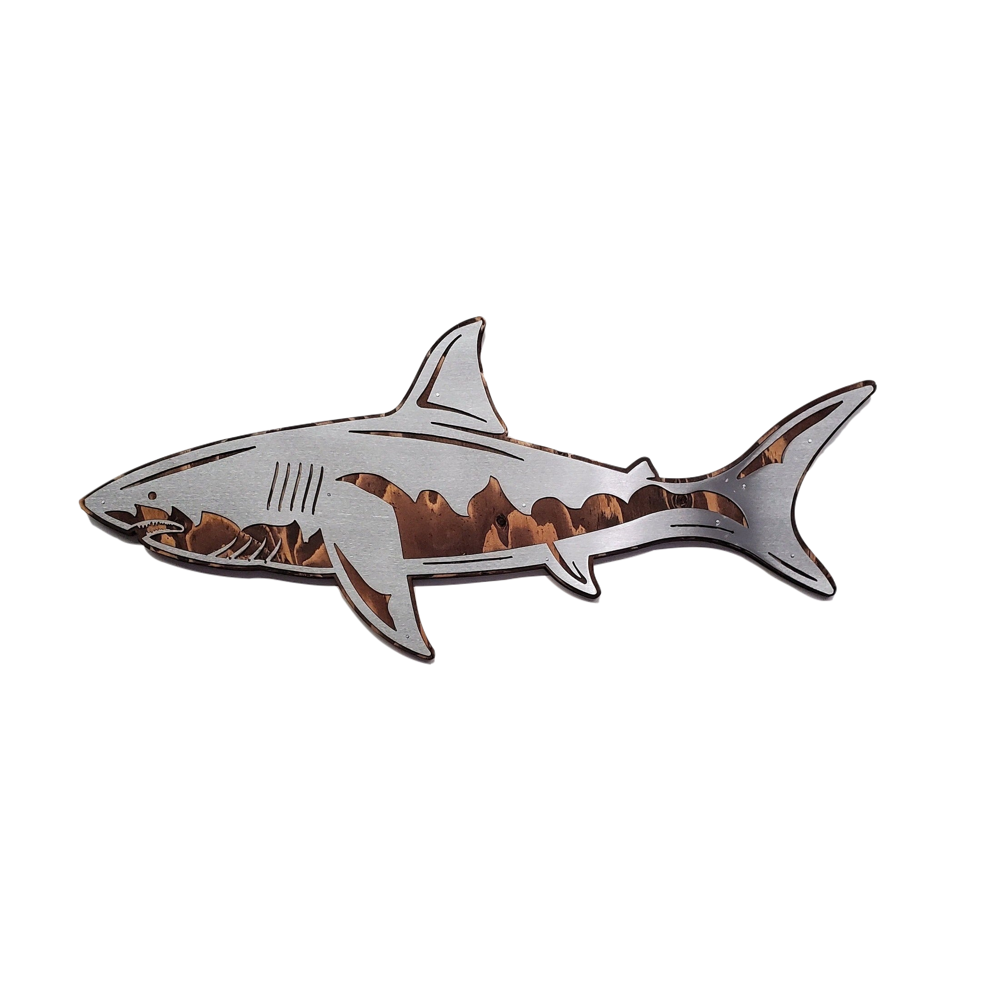 Great White Shark, Metal Art on Wood, Sea Life Mount