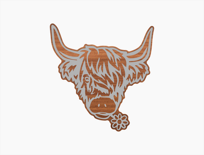 Highland Cow Metal Art with Flower: Rustic Wood Wall Decor, Scottish Hairy Cow Head, Handcrafted Steel Cut-Out, Charming Home Accents - Family Shop