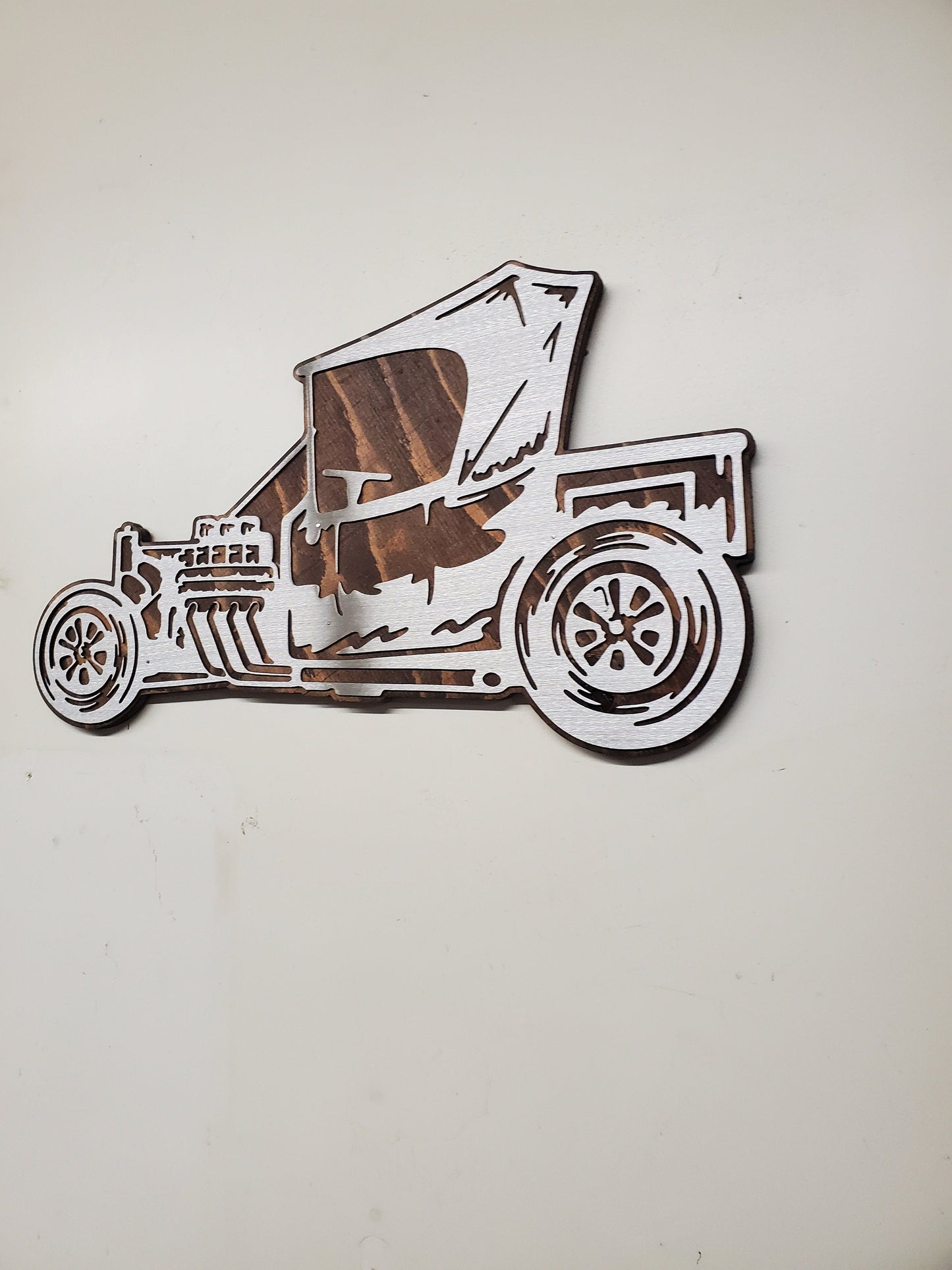 Hot Rod Car Sign | Metal Art on Wood