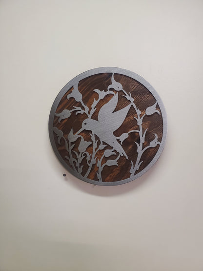 Hummingbird on Flower Metal art on Wood