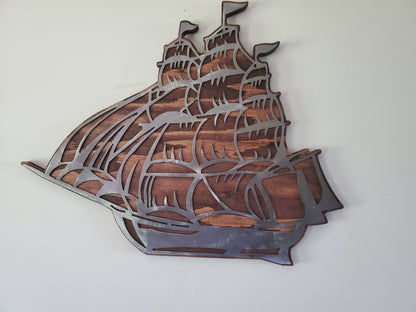 Pirate Ship Metal Art on Wood