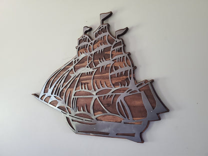 Pirate Ship Metal Art on Wood