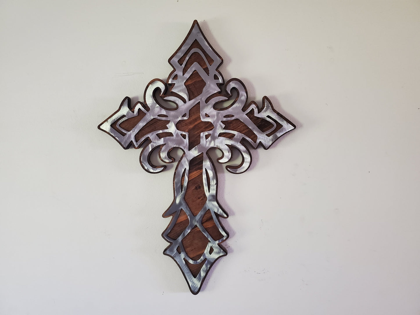 Tribal Cross Metal Art on Wood | Religious Cross Unique Design | Wood and Metal Cross