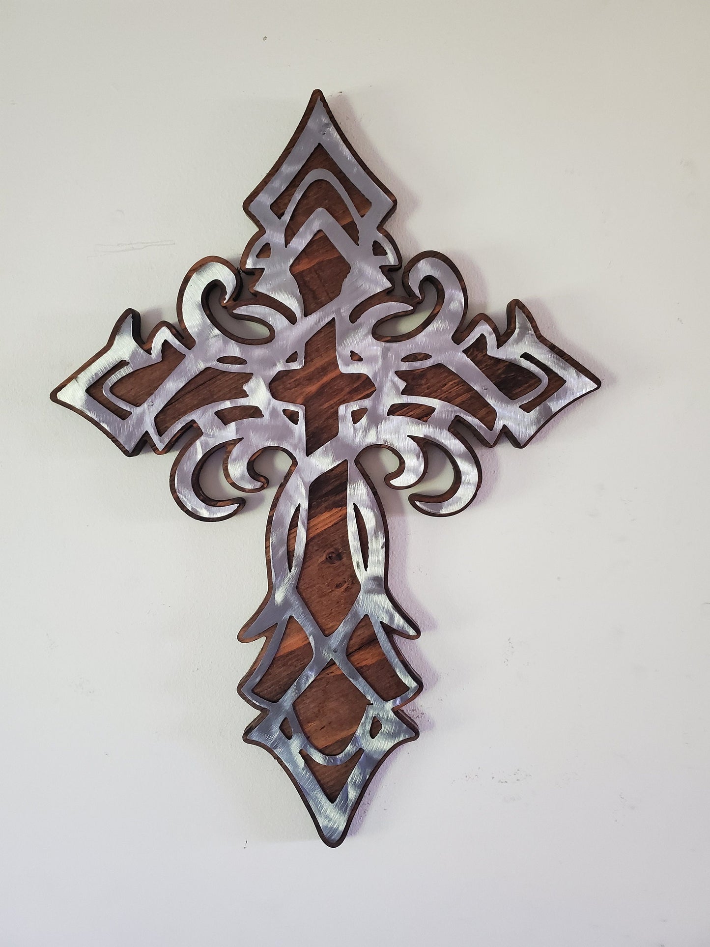 Tribal Cross Metal Art on Wood | Religious Cross Unique Design | Wood and Metal Cross