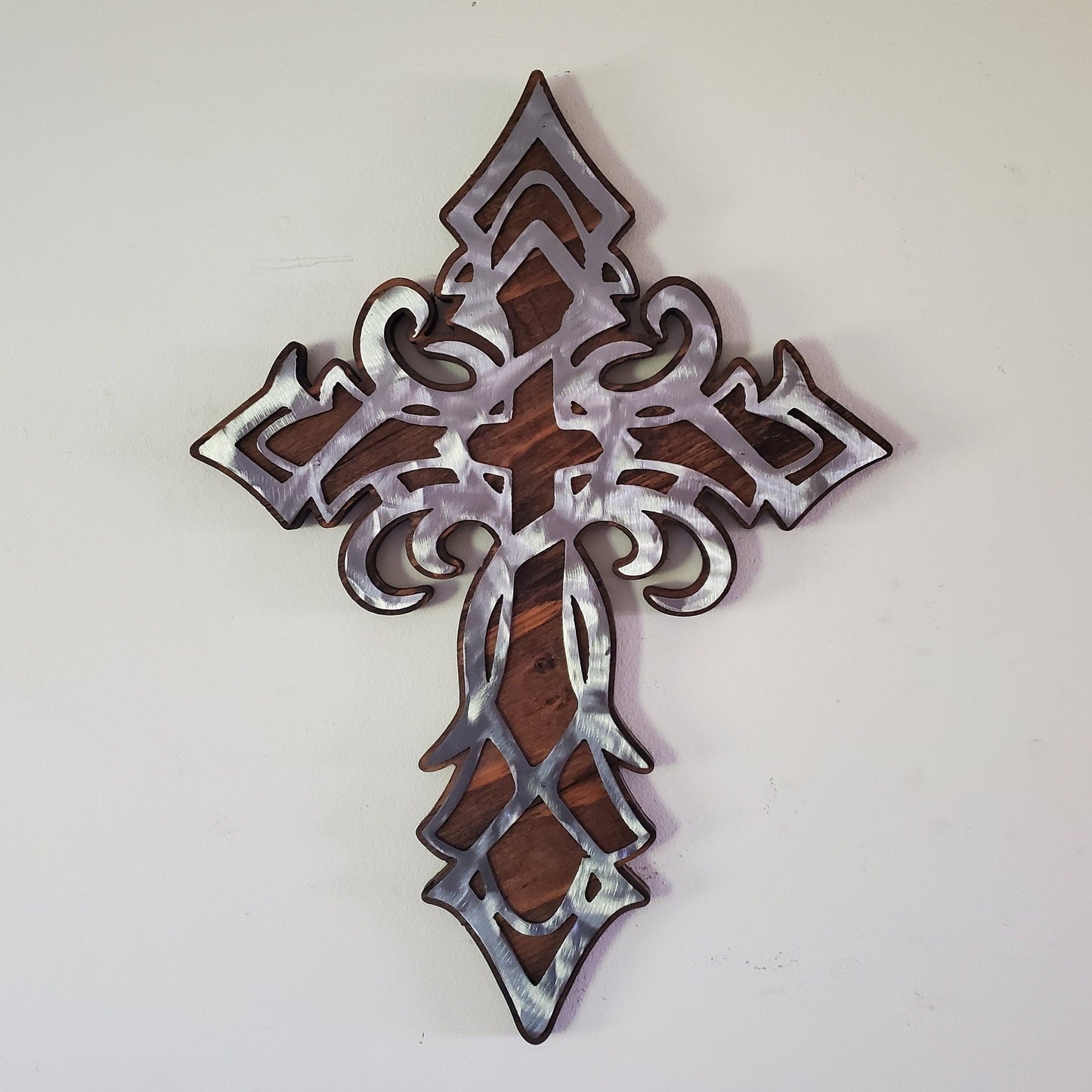 Tribal Cross Metal Art on Wood | Religious Cross Unique Design | Wood and Metal Cross