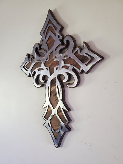 Tribal Cross Metal Art on Wood | Religious Cross Unique Design | Wood and Metal Cross