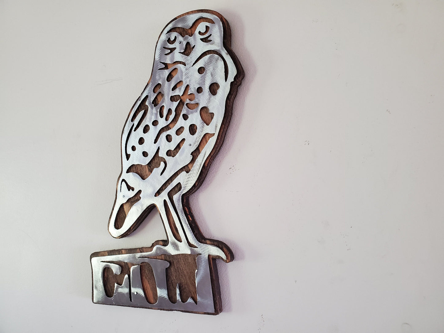 Owl Metal Art on Distressed Wood Background