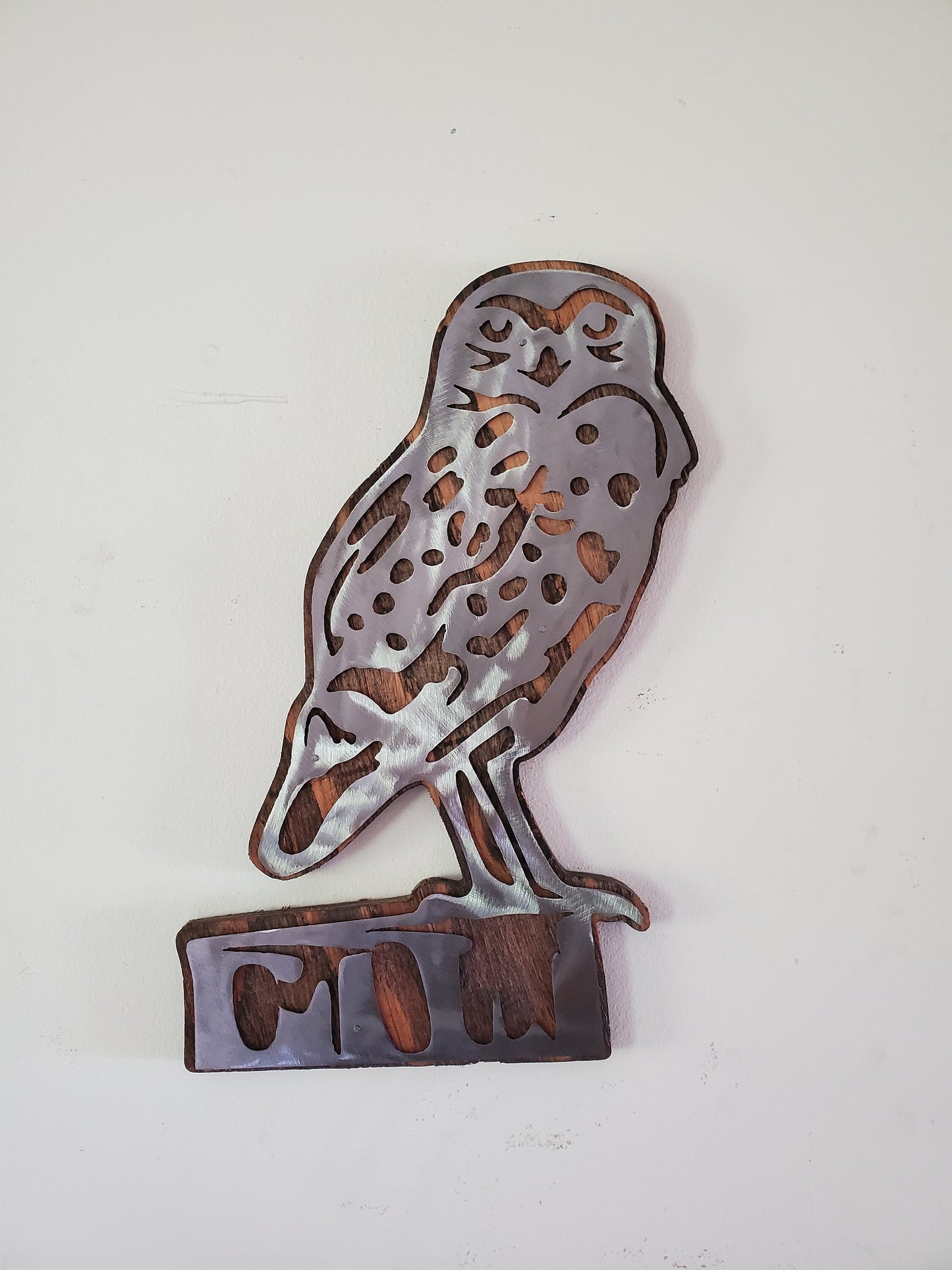 Owl Metal Art on Distressed Wood Background - Whimsical and Rustic Home Decor Piece