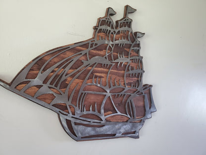 Pirate Ship Metal Art on Wood