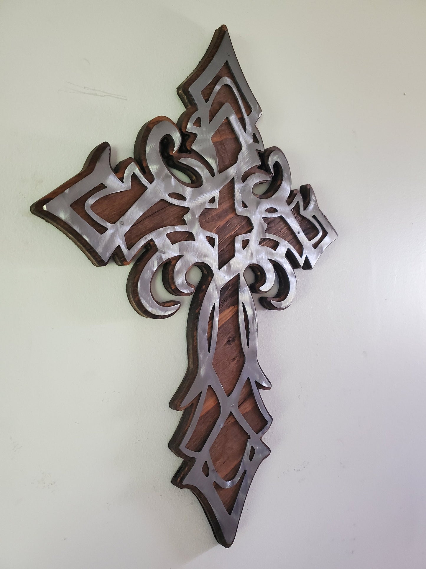 Tribal Cross Metal Art on Wood | Religious Cross Unique Design | Wood and Metal Cross