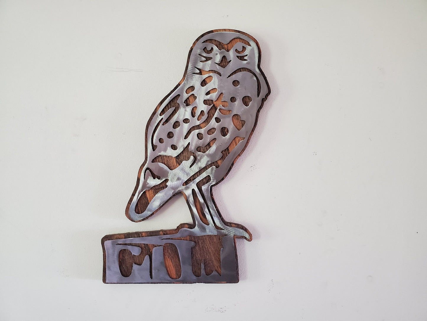 Owl Metal Art on Distressed Wood Background - Whimsical and Rustic Home Decor Piece