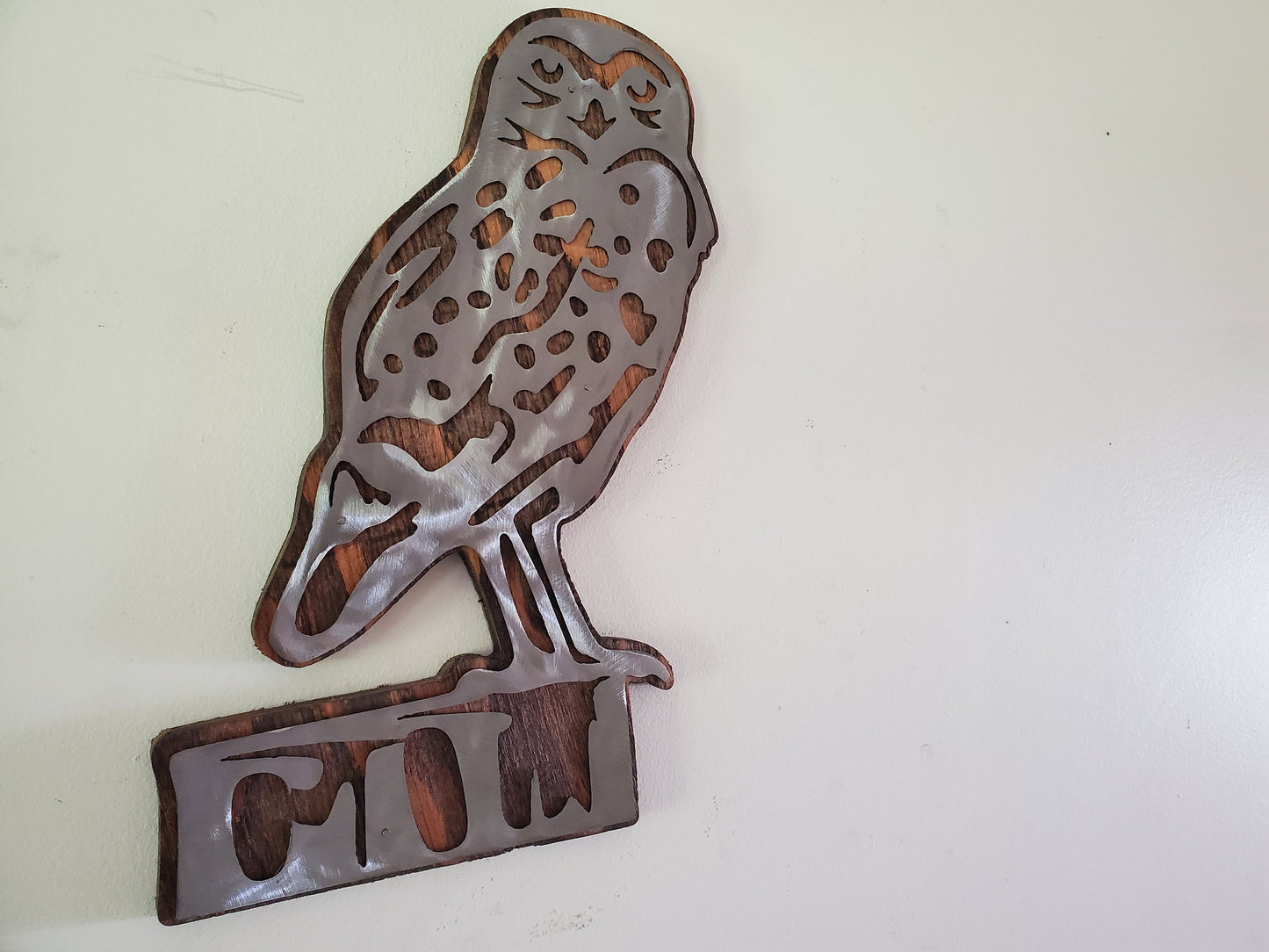 Owl Metal Art on Distressed Wood Background