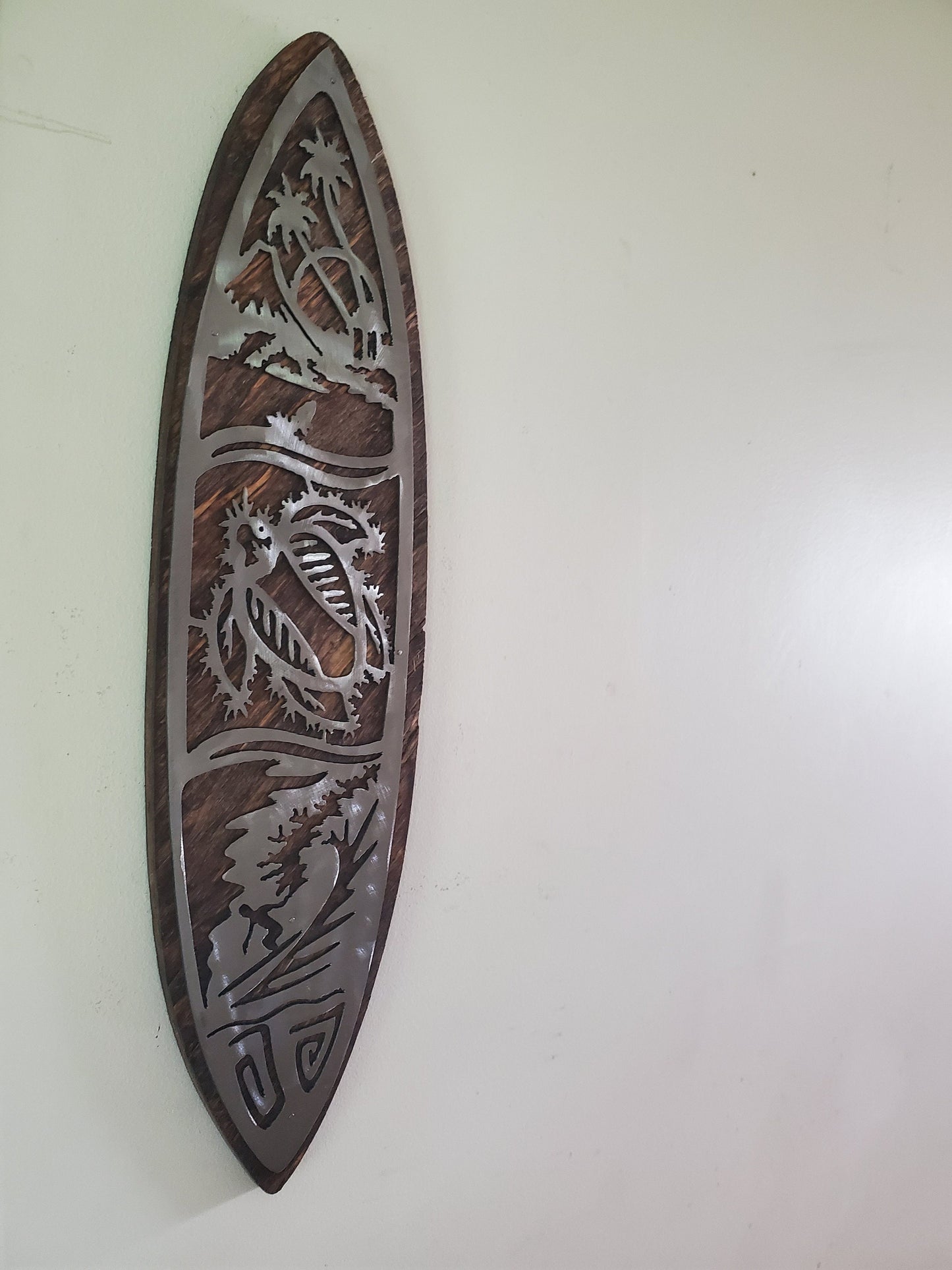 Surfboard Metal Art on Wood