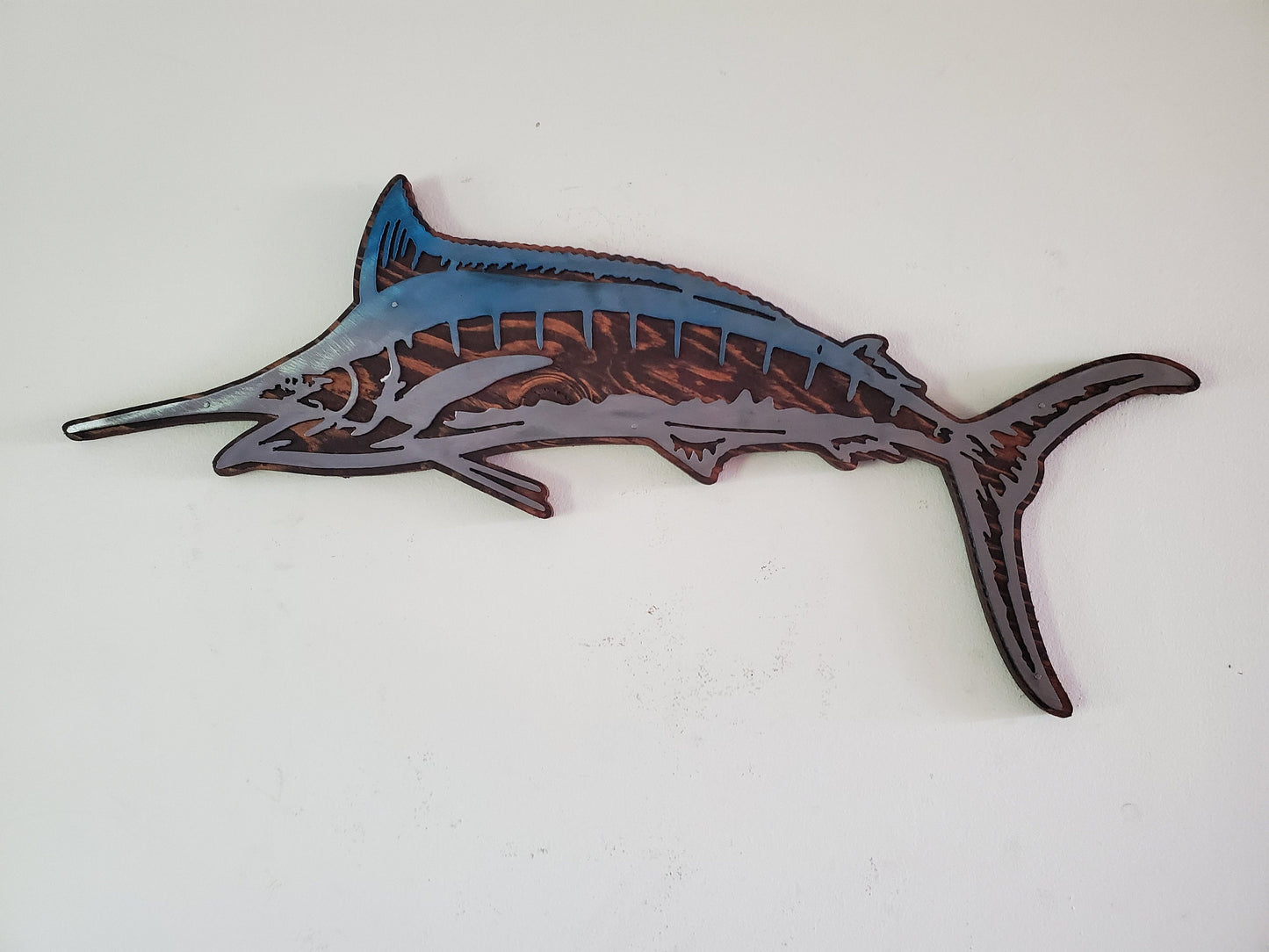 Blue Marlin fish metal art on wood Made in USA