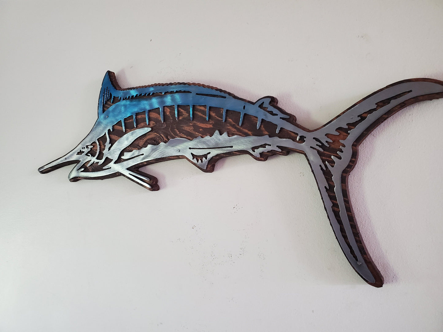 Blue Marlin fish metal art on wood Made in USA