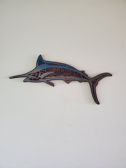 Blue Marlin fish metal art on wood Made in USA