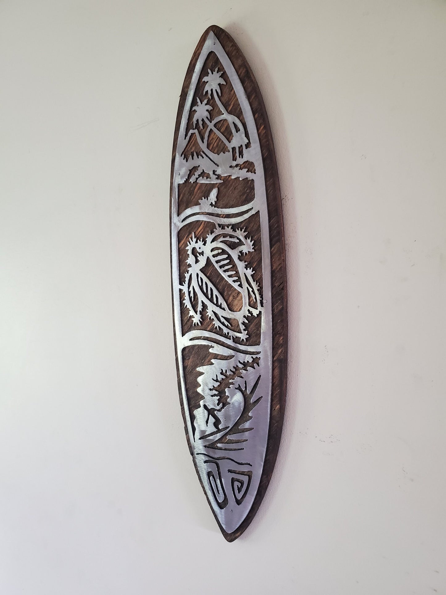 Surfboard Metal Art on Wood