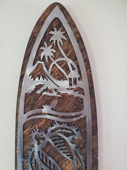 Surfboard Metal Art on Wood