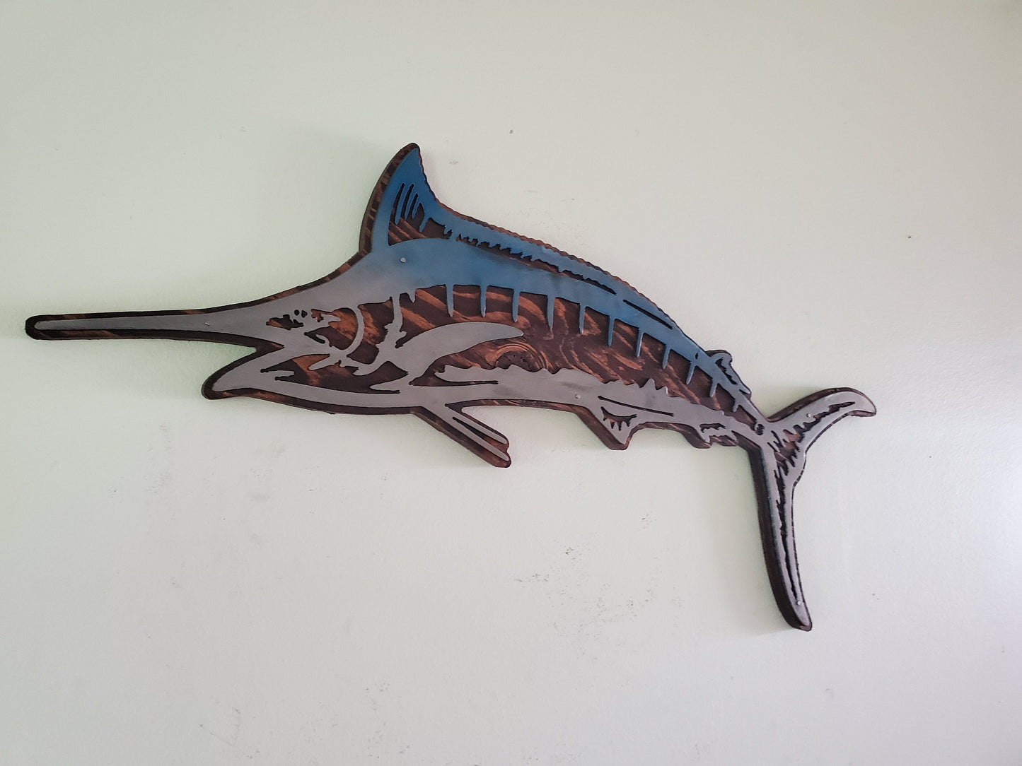 Blue Marlin fish metal art on wood Made in USA