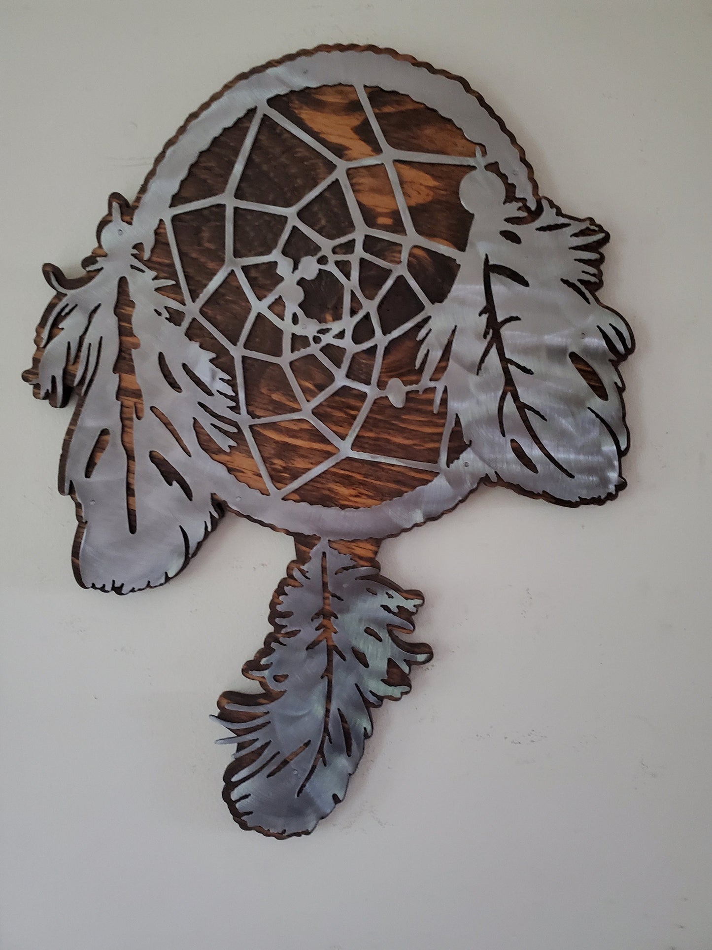 Dream Catcher native American metal art on wood Made in USA