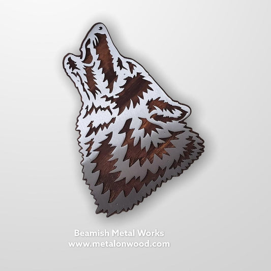 Howling Wolf Head Metal Art on Wood