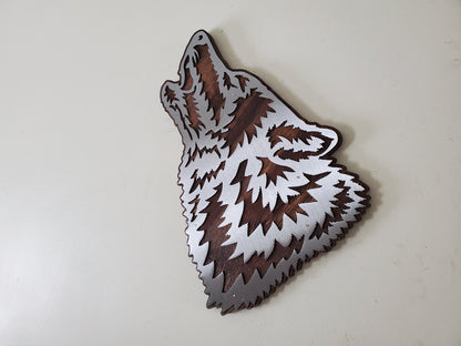 Howling Wolf Head Metal Art on Wood