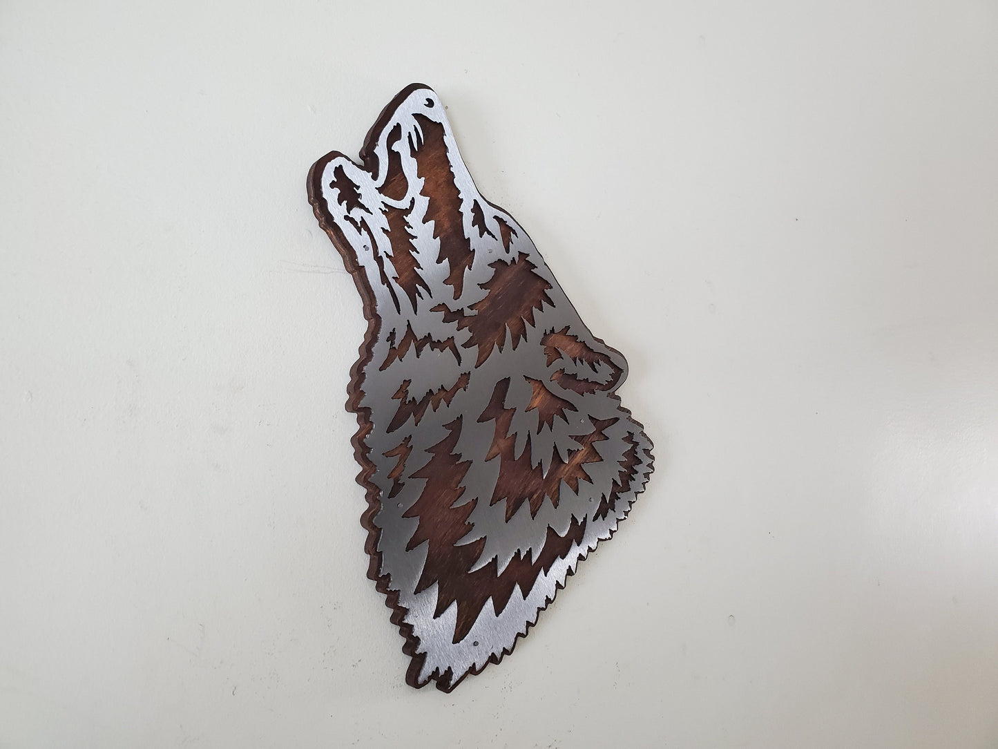 Howling Wolf Head Metal Art on Wood