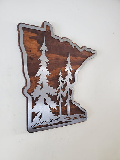 Minnesota Tree scene Metal Art on Wood | Made in USA