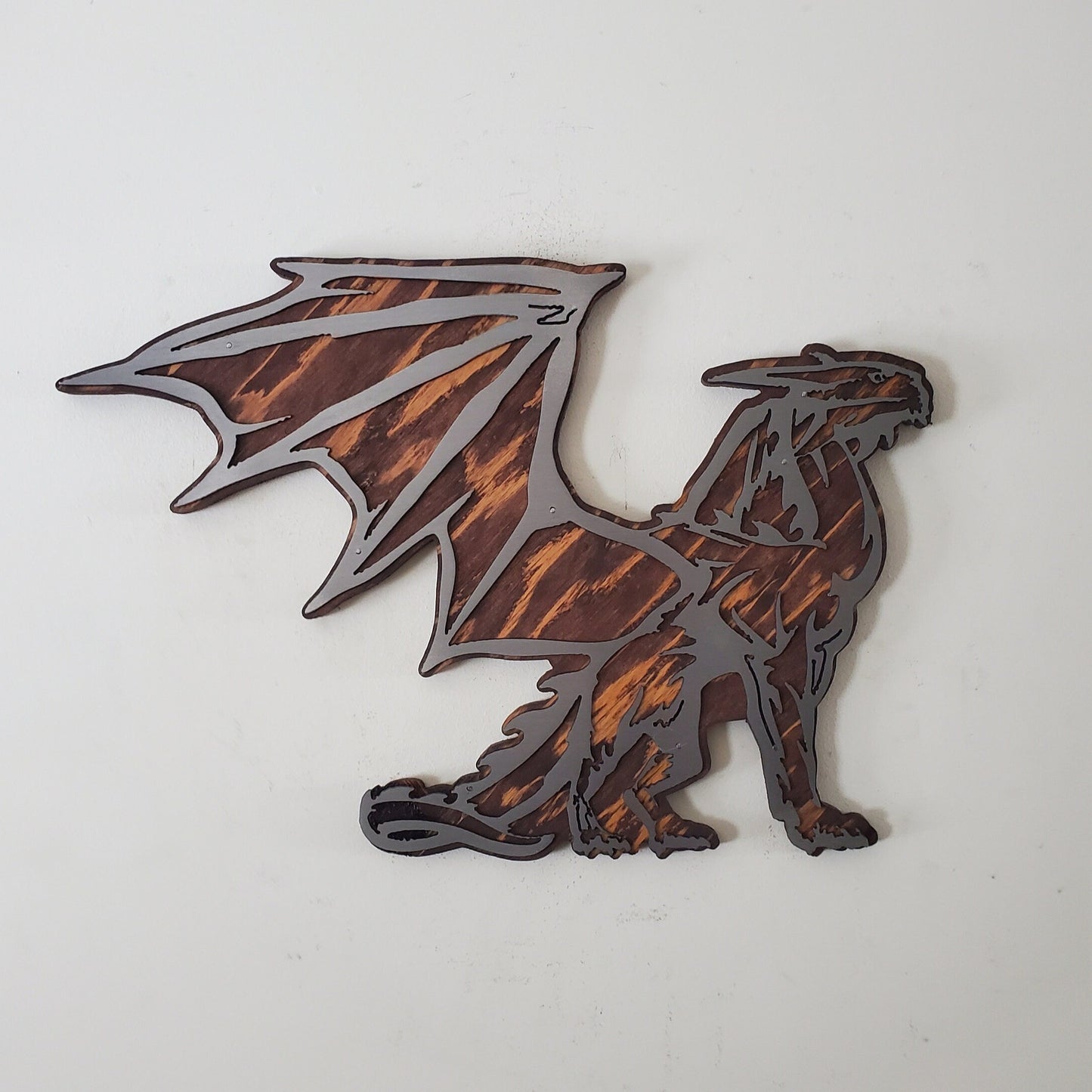 Winged Dragon Metal Art on Rustic Stained Wood | Minnesota Made