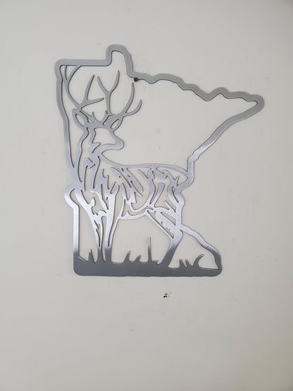 Minnesota with deer scene    Made in USA    rustic metal wall art decor buck wall art MN hunting fishing