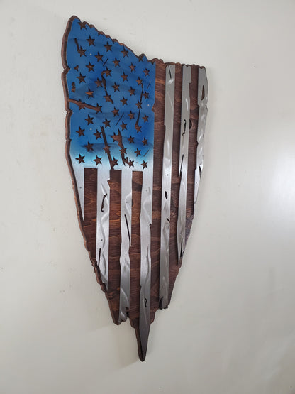 Vertical Tattered American Flag Metal Art on Wood