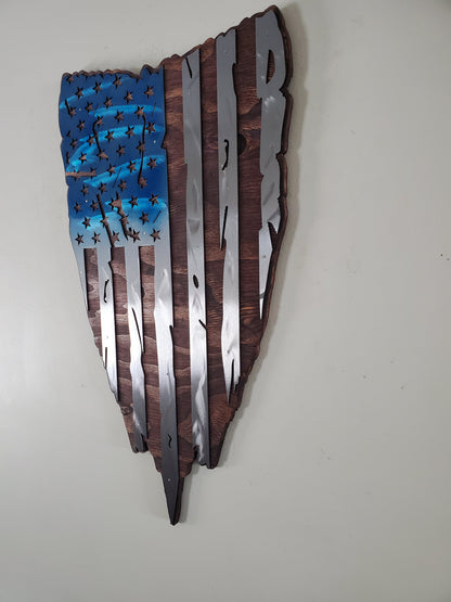 Vertical Tattered American Flag Metal Art on Wood
