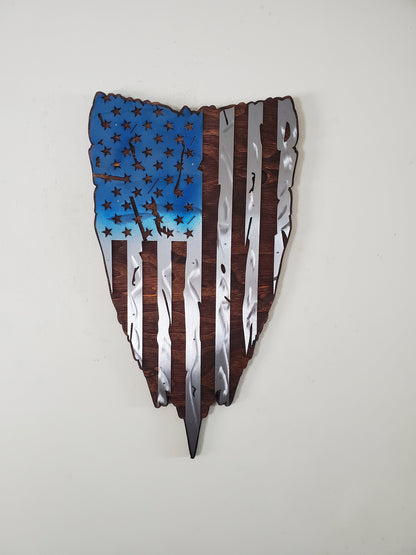 Vertical Tattered American Flag Metal Art on Wood