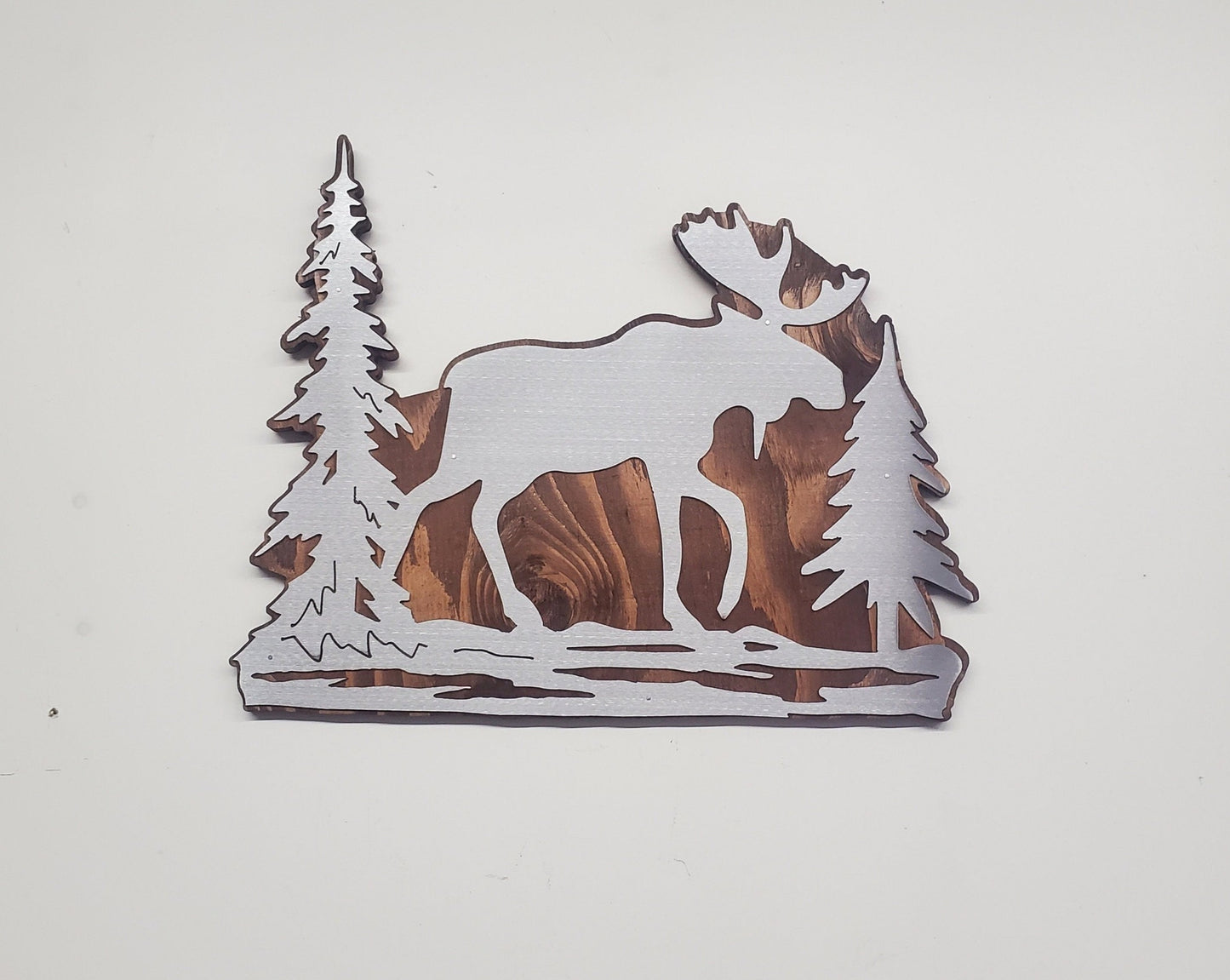 Moose scene metal art on wood sign beamish metal works