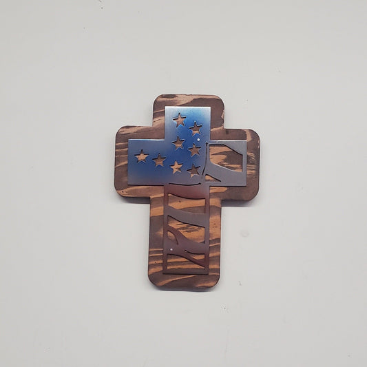 Memorial American Flag Cross Metal Art on Wood