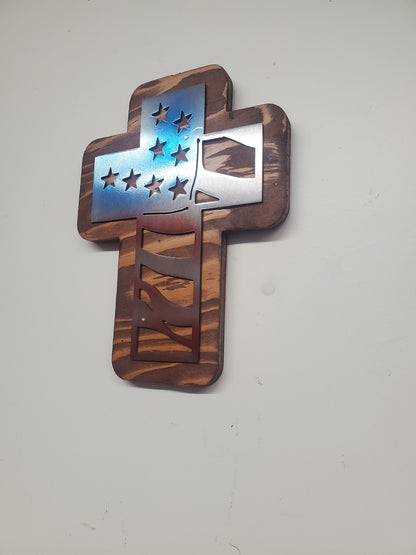 Memorial American Flag Cross Metal Art on Wood