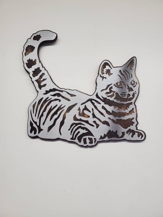 Whisker Whimsy: House Cat Metal Art on Wood