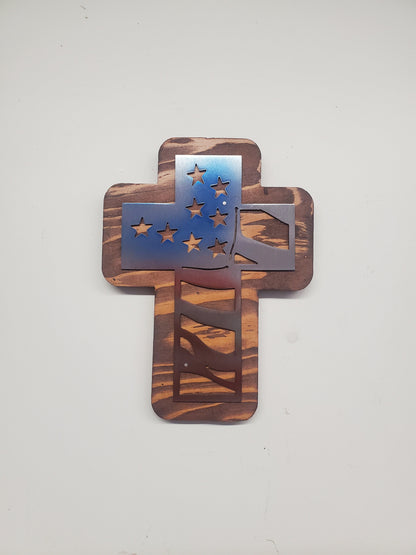 Memorial American Flag Cross Metal Art on Wood