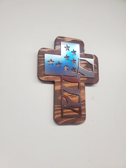 Memorial American Flag Cross Metal Art on Wood