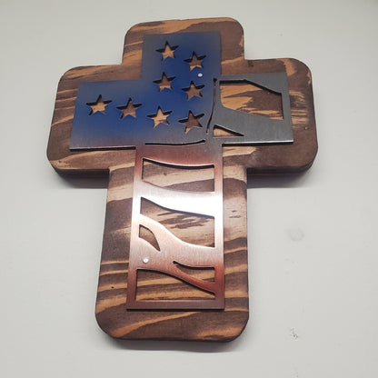 Memorial American Flag Cross Metal Art on Wood